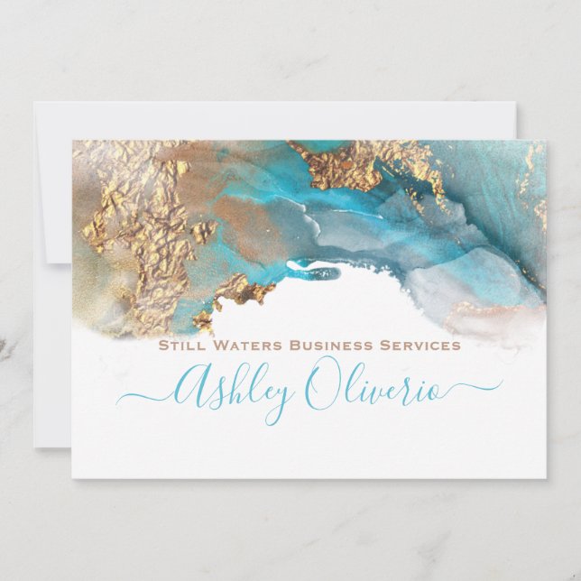 Elegant Teal Gold Fluid Alcohol Ink Custom Invitation (Front)