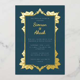 Elegant teal gold Foil Indian wedding Invitation
