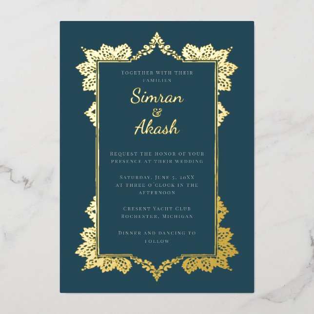 Elegant teal gold Foil Indian wedding Invitation (Front)