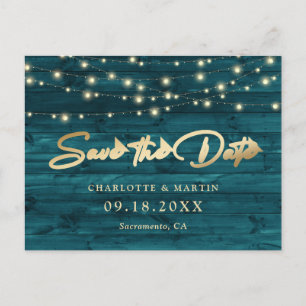 Elegant Teal Gold Foil Wood Save The Date Announcement Postcard