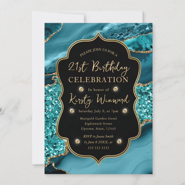 Elegant Teal & Gold Glitter Agate 21st Birthday Invitation (Front)