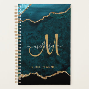 Elegant Teal Gold Glitter Agate Monogram 2024 Planner