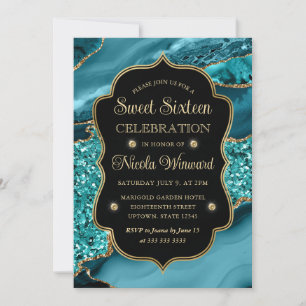 Elegant Teal & Gold Glitter Agate Sweet Sixteen Invitation