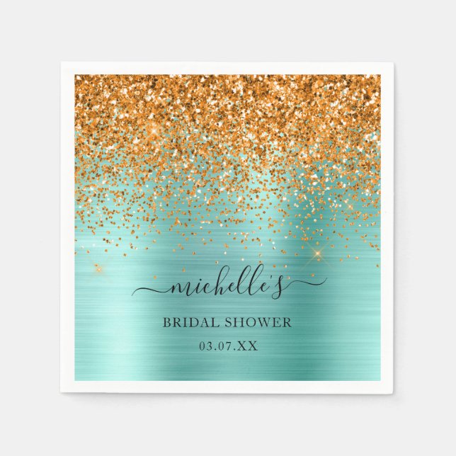 Elegant Teal Gold Glitter Sparkle Name Script Napkin (Front)