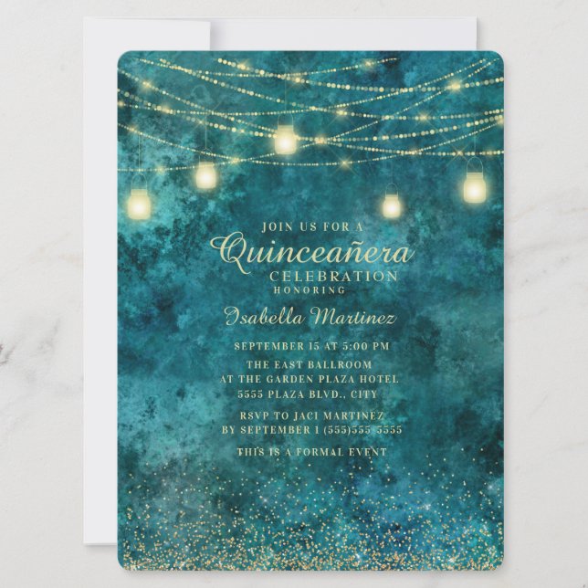 Elegant Teal Gold Glitter String Light Quinceañera Invitation (Front)