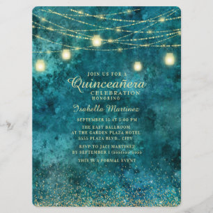Elegant Teal Gold Glitter String Light Quinceañera Invitation