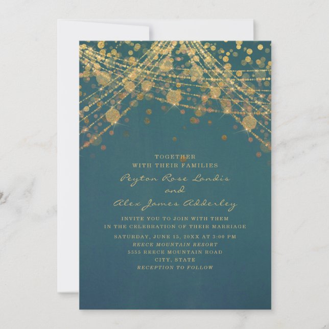 Elegant Teal Gold Glitter String Lights Wedding Invitation (Front)