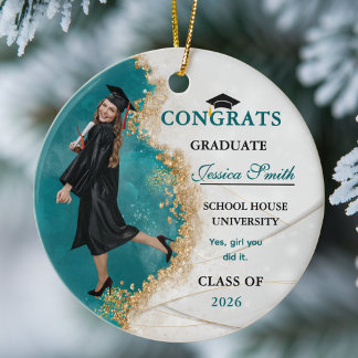 Elegant Teal & Gold Graduate Personalized Photo Ceramic Ornament