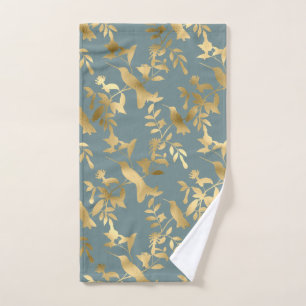 Elegant Teal Gold Hummingbirds Hand Towel