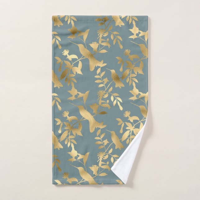 Elegant Teal Gold Hummingbirds Hand Towel (Hand Towel)