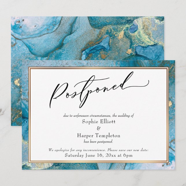 Elegant Teal & Gold Ink Postponed Wedding Card (Front/Back)