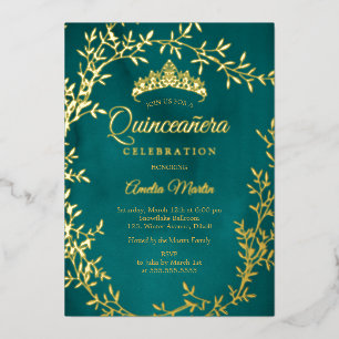Elegant Teal Gold Leaf Wreath Quinceanera