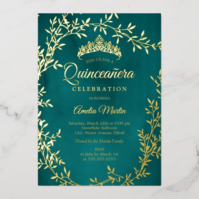 Elegant Teal Gold Leaf Wreath Quinceanera (Front)