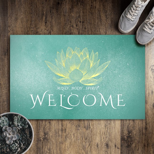 Elegant Teal Gold Lotus Yoga instructor Welcome Doormat (Creator Uploaded)