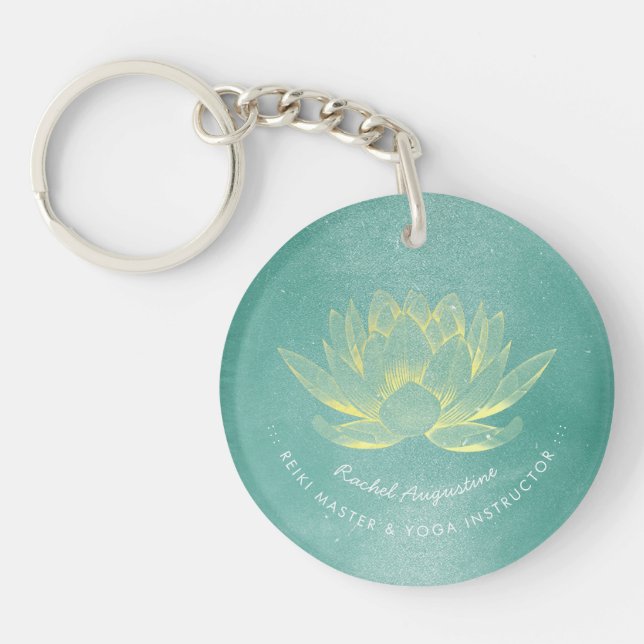 Elegant Teal Gold Lotus YOGA Meditation Instructor Keychain (Front)