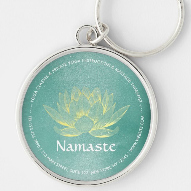 Elegant Teal Gold Lotus YOGA Meditation Instructor Keychain (Front)