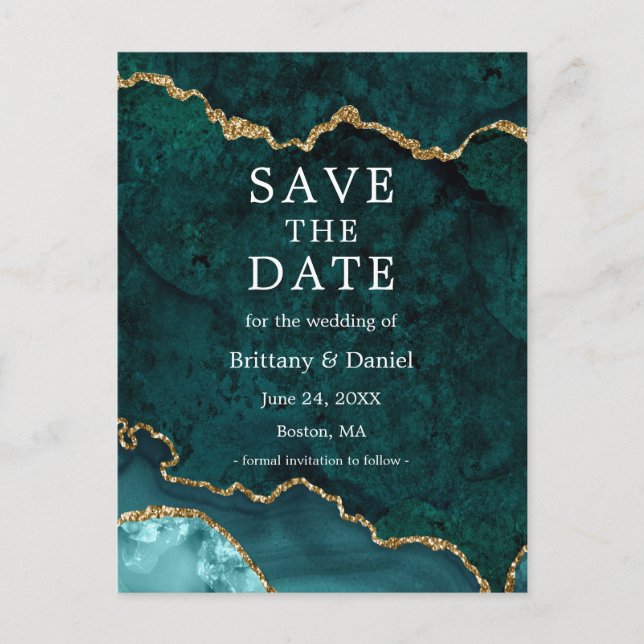 Elegant Teal Gold Marble Geode Save The Date Announcement Postcard (Front)