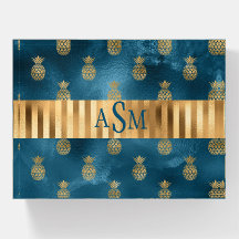 Elegant Teal Gold Metallic Pineapples Monogram