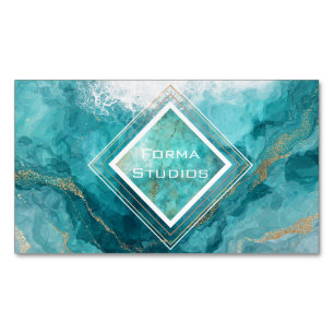 Elegant Teal Gold Ocean Wave Liquid Marble Magnetic Business Card