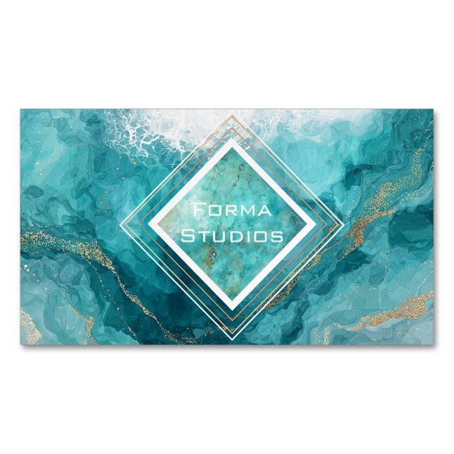 Elegant Teal Gold Ocean Wave Liquid Marble Magnetic Business Card (Front)