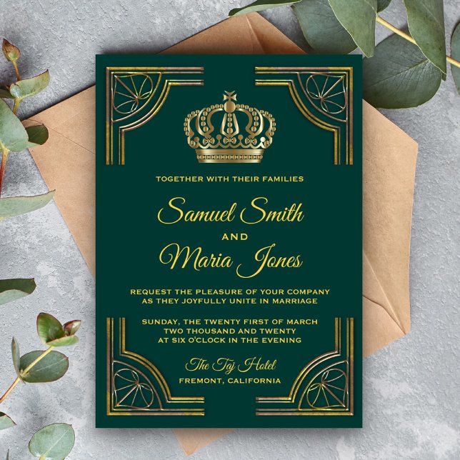 Elegant Teal Gold Ornate Crown Wedding Invitation (Creator Uploaded)
