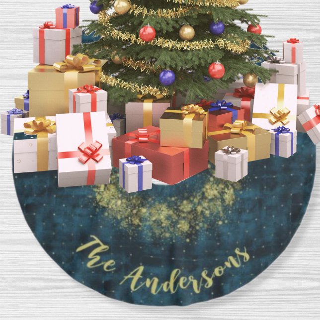 Elegant Teal Gold Snowflakes Velvet Christmas Brushed Polyester Tree Skirt (Creator Uploaded)