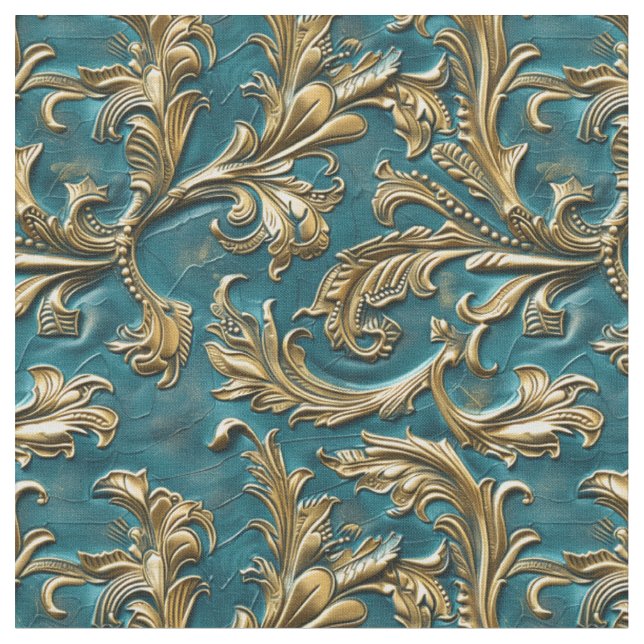 Elegant teal gold tooled carved leather fabric (Close Up)
