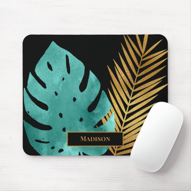 Elegant Teal Gold Tropical Leaves Black Monogram Mouse Pad (With Mouse)
