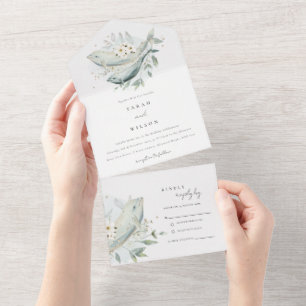 Elegant Teal Gold Underwater Floral Fish Wedding All In One Invitation