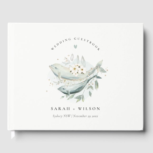 Elegant Teal Gold Underwater Floral Fish Wedding Guest Book (Front)