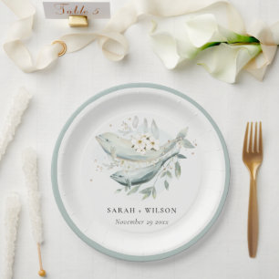 Elegant Teal Gold Underwater Floral Fish Wedding Paper Plate