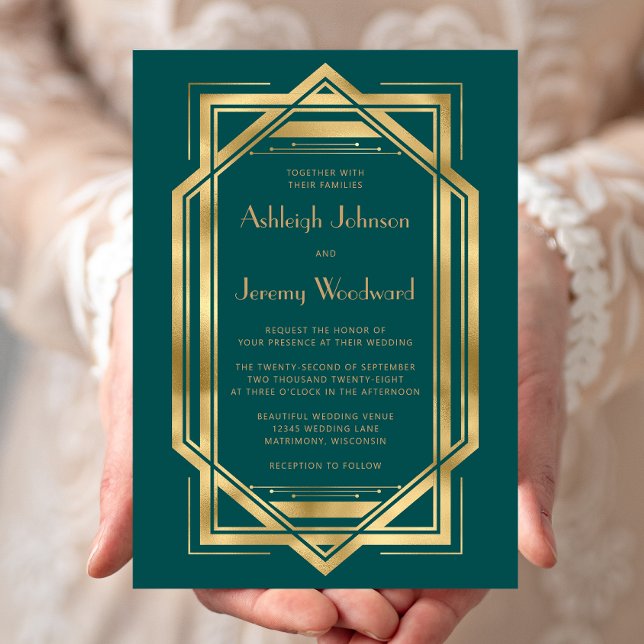Elegant Teal Gold Vintage 1920s Deco Wedding Invitation (Creator Uploaded)