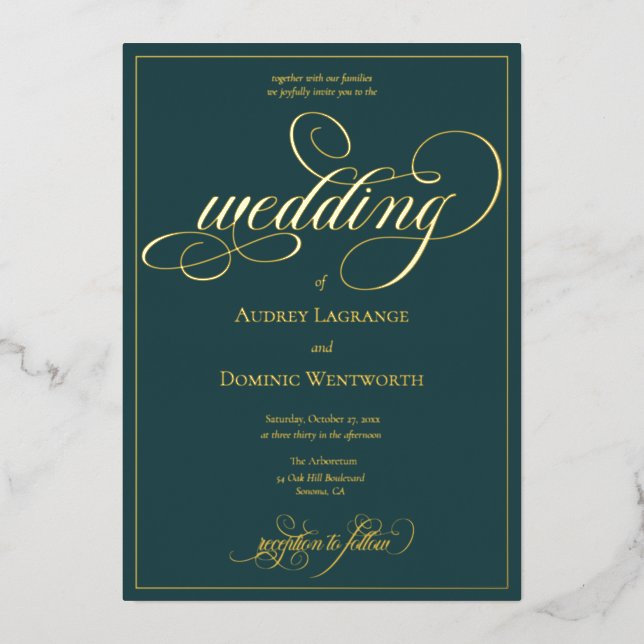 Elegant Teal Gold Wedding Script Calligraphy (Front)