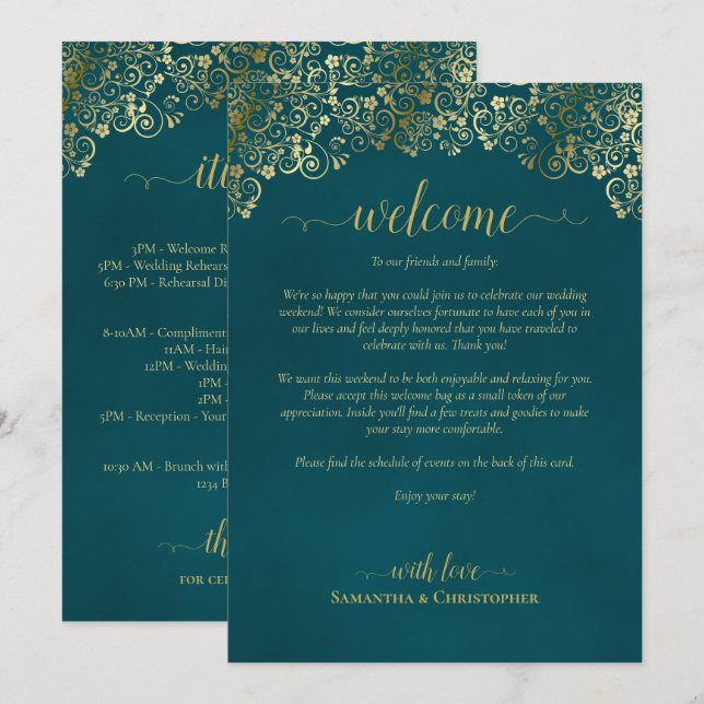 Elegant Teal & Gold Wedding Welcome & Itinerary Program (Front/Back)