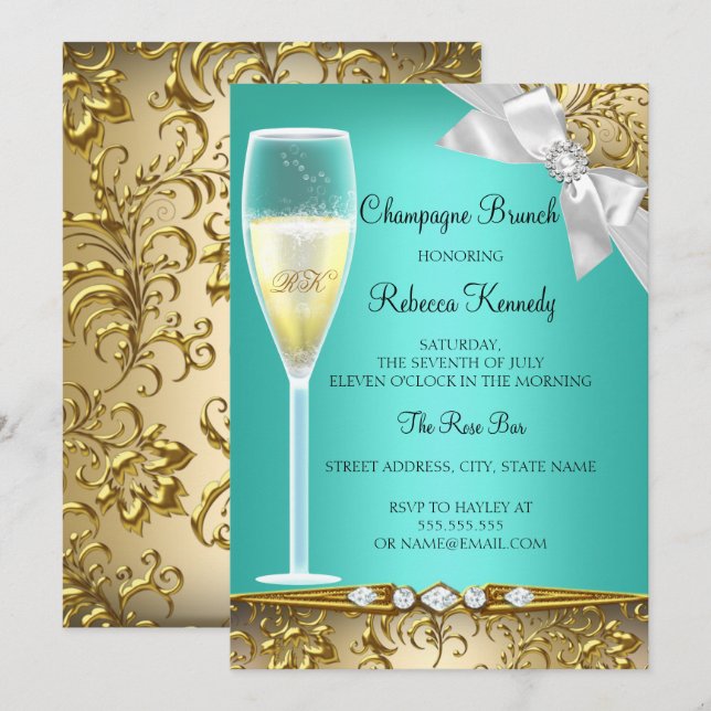 Elegant Teal Gold White Champagne Brunch Invite (Front/Back)
