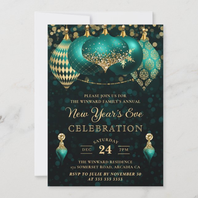 Elegant Teal & Gold Winter Baubles New Year's Eve Invitation (Front)