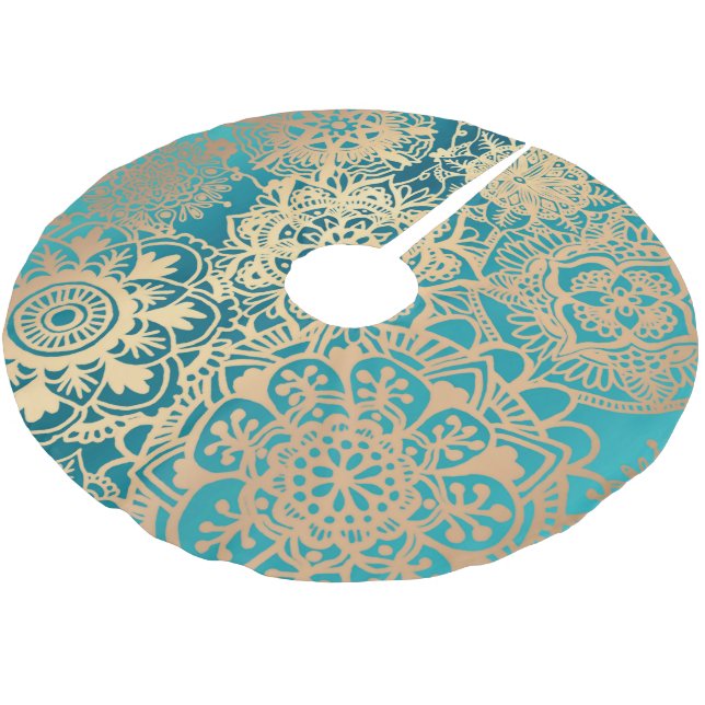 Elegant Teal Green and Gold Mandala Pattern Brushed Polyester Tree Skirt (Angled)