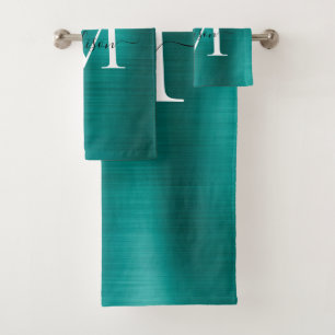 Elegant Teal Green Brushed Metal Monogram Script Bath Towel Set