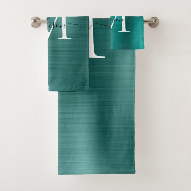 Elegant Teal Green Brushed Metal Monogram Script Bath Towel Set (Insitu)