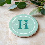 Elegant Teal Green Custom Monogram Initial Coaster<br><div class="desc">Elegant round personalized beverage drink coaster design features a classic custom serif monogram initial in an emerald / teal green colour with your last name in modern white calligraphy script against a minty seafoam green coloured background. A simple white circle frames the design. Colour scheme can be customized to coordinate...</div>