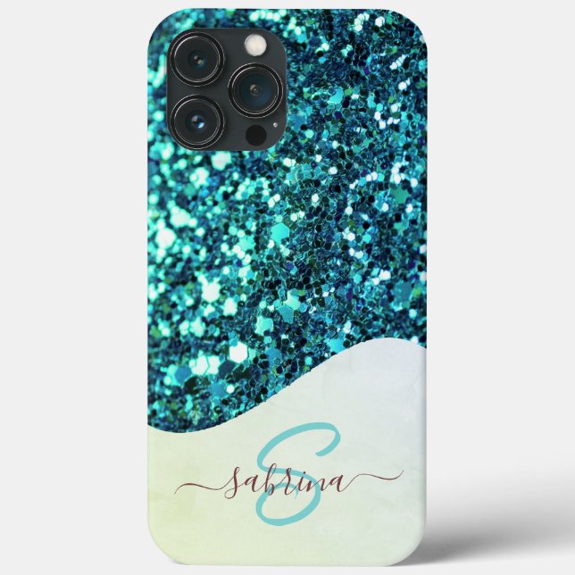 Elegant Teal Green Drip Glitter Monogrammed Name Case-Mate iPhone Case (Back)