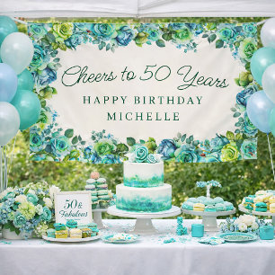 Elegant Teal Green Floral Cheers to 50 Birthday Banner