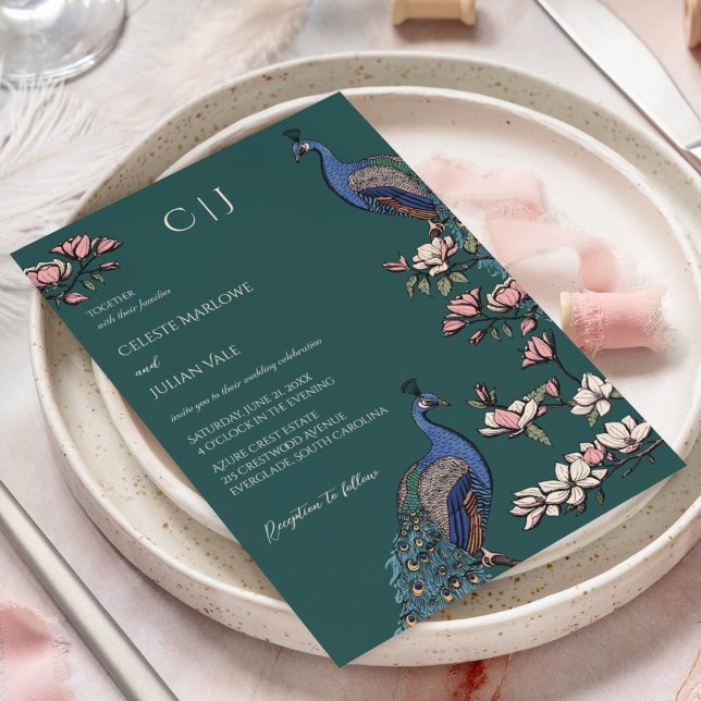 Elegant Teal Green Floral Peacock Wedding Invitation (Rustic Teal Green Wedding Invitations. Hand-Drawn Blue & Teal Peacocks Perched on Magnolia Branches.)