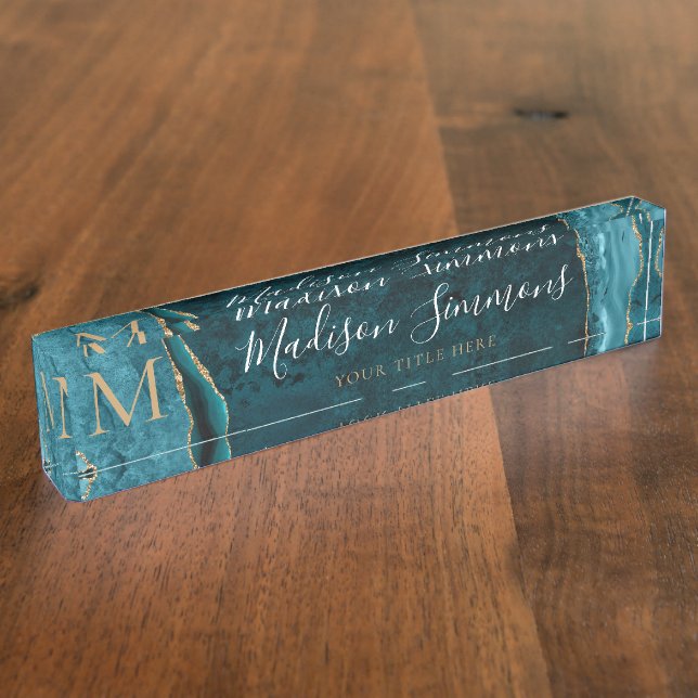 Elegant Teal Green Gold Agate Geode Monogram Nameplate (Side)