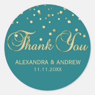 Elegant TEAL Green Gold Wedding Thank You Classic Round Sticker