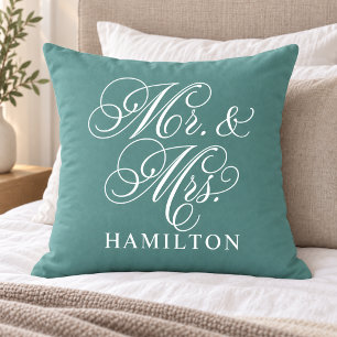 Elegant Teal Green Mr and Mrs Script Wedding Throw Pillow
