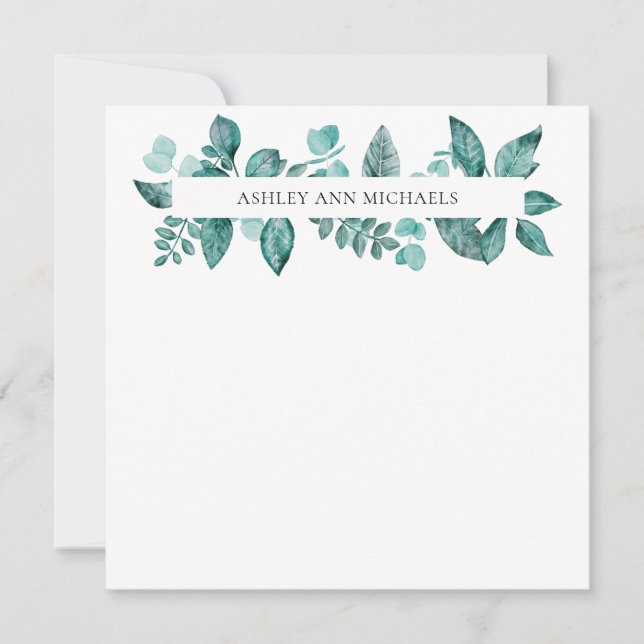Elegant Teal Greenery Leaves Personalized Name  Card (Front)