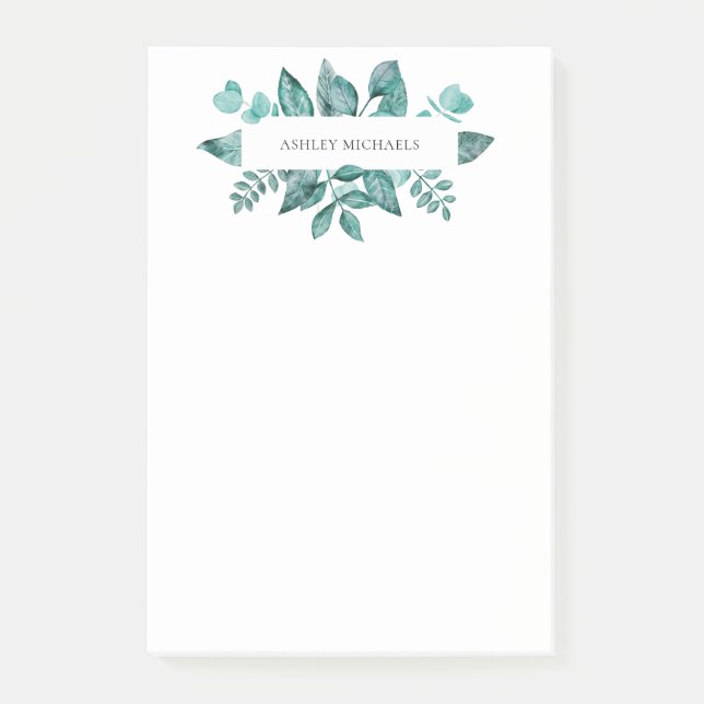 Elegant Teal Greenery Leaves Personalized Name  Post-it Notes (Front)