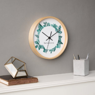 Elegant Teal Greenery Modern Personalized Name Clock