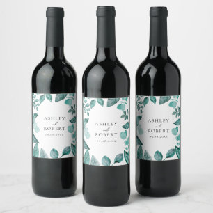 Elegant Teal Greenery Personalized Wedding Bottle Wine Label
